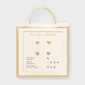 14k Gold Plated Brass Cubic Zirconia Polished/Pave Heart Earrings 2pc - A New Day™ Gold: Stud Design - 1 of 2