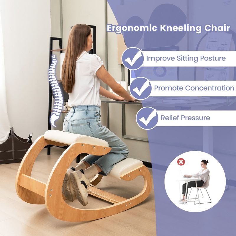 Costway Ergonomic Kneeling Chair Wooden Rocking Chair with Comfortable Padded Seat Cushion & Knee Support Upright Posture Support Chair for Back Pain Relief Beige/Black/Gray, 4 of 10