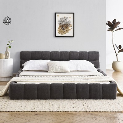 Queen Size Upholstered Bed Frame With Thick Fabric, Chenille Fabric Grounded Platform Bed With Headboard And Solid Frame-Cuddlewood