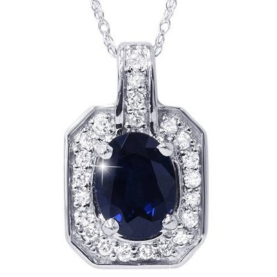 Pompeii3 1 7/8ct Oval Genuine Blue Sapphire & Diamond Halo Pendant 14K White Gold