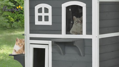 Gray and White Wooden 2-Story Outdoor Cat House with Platforms