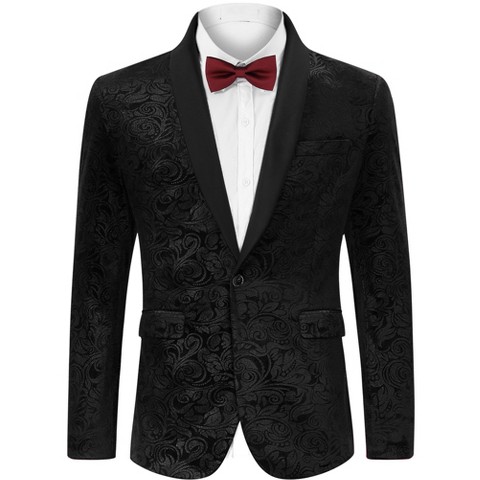 YesFashion Men's Gold-Foil Printed Suit Jacket Blazer with Velvet-Like Base Fabric Black S