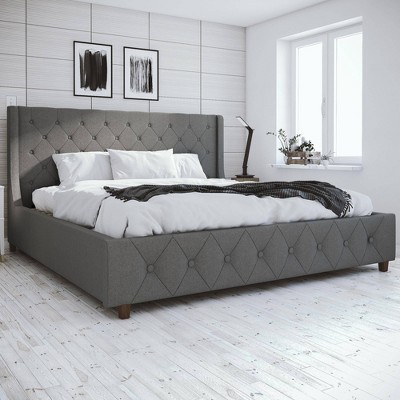 King Gray Linen Tufted Upholstered Bed with Metal Frame