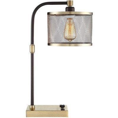 360 Lighting Industrial Desk Lamp with USB and AC Power Outlet Antique Brass Bronze Perforated Metal Shade for Bedroom Office