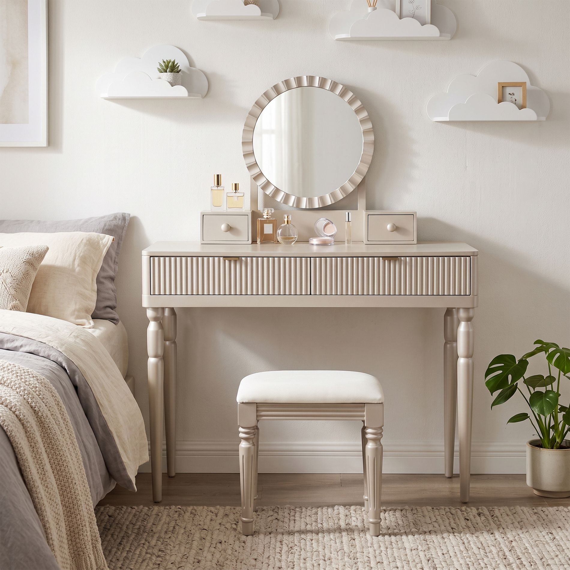 Luxury Makeup Vanity Desk Set Dressing Table with Stool, Height-Adjustable Mirror, Pre-assembled Tabletop & 4 Drawers, Champagne - ModernLuxe
