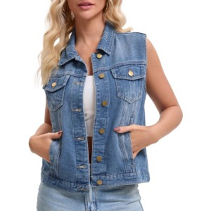 INSPIRE CHIC Women's Sleeveless Turndown Collar Button Down Chest Flap Pockets Washed Denim Vest - 1 of 4