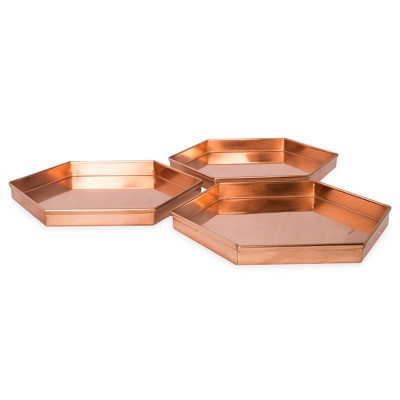 Hexagonal Copper-Plated Stainless Steel Decorative Trays, Set of 3