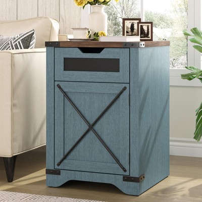 End Table with Charging Station, Nightstand with Drawer & X Barn Door