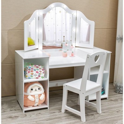 Nasitip Kids Vanity Table Set, 2 in 1 Princess Makeup Desk with Touch Light Detachable Tri-Folding Mirror,Open Storage Shelves，for Girls