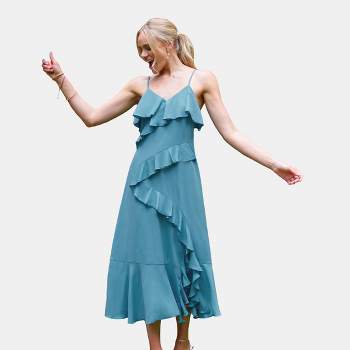 Women's Blue Asymmetrical Ruffle Maxi Dress - Cupshe