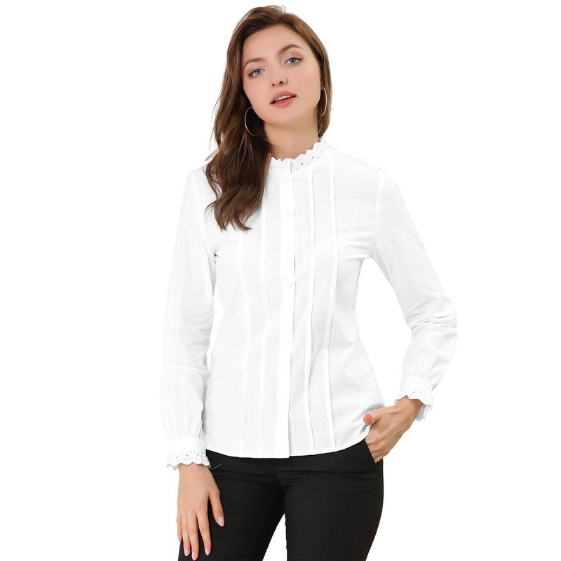 Allegra K Women's Mock Neck Blouse Ruffle Work Office Cotton Pleated Button Up Shirt, 1 of 7