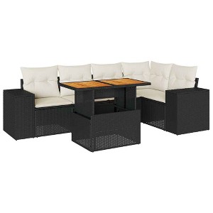 vidaXL 6 Piece Patio Sofa Set with Cushions Black and Cream Poly Rattan - 3x Corner + Table + 2x Middle - 1 of 4
