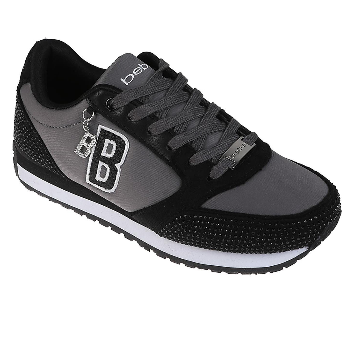 Женские кроссовки Bebe Fashion Lace-Up Shoes - Embellished Sneakers with Logo Dangle Charm, Black Gray, цвет: Чёрный — фото 1