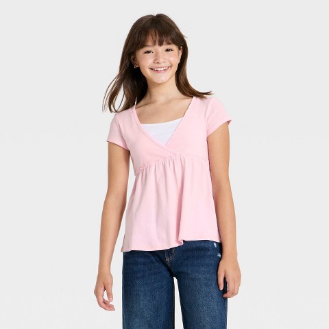 Art Class Girls' Layered Knit Short Sleeve Babydoll Top - art class™ Pink S