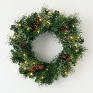Sullivans Artificial 24" LED Mixed Pine Christmas Wreath with Pinecones, Green, Indoor Christmas Decor - 1 of 4