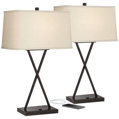 Photo 1 of Franklin Iron Works Modern Table Lamps 26.5" High Set of 2 with Hotel Style USB Charging Port LED Bronze Metal Rectangular Fabric Shade for Bedroom