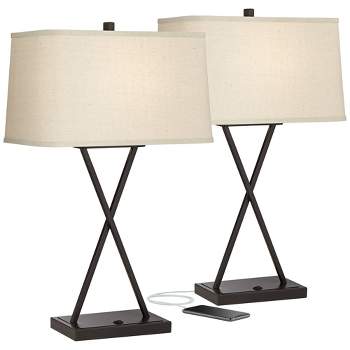 Franklin Iron Works Megan Modern Table Lamps 26 1/2" High Set of 2 Bronze Metal with USB Charging Port LED Rectangular Fabric Shade for Bedroom Desk