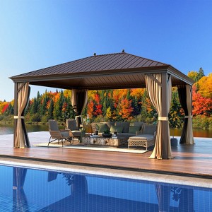 EROMMY 12'x16' Hardtop Gazebo, Wood Looking Patio Gazebo with Aluminum Frame and Single Galvanized Steel Roof - 1 of 4