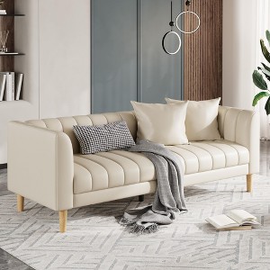 Faux Leather Sofa Couch, Modern 78" W Sofa with Deep Seats, 3 Seater Sofa Couch with 2 Throw Pillows and Wood Legs - 1 of 4