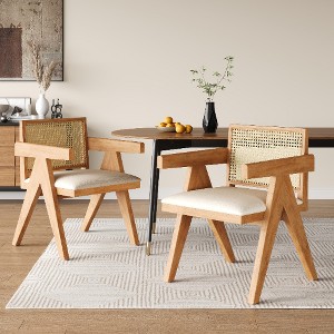 Lyngins Farmhouse Rattan Dining Chairs (Set of 2) – Solid Wood Kitchen Chair with Perforated Rattan, Living Room Arm Chair - 1 of 4