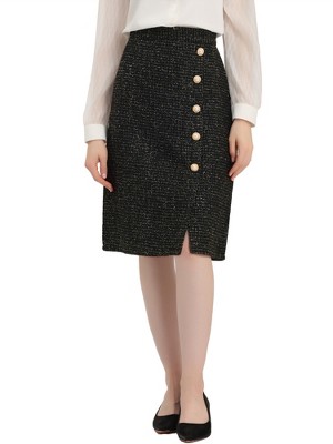 Allegra K Women's Plaid Tweed High Waist Button Decor Shiny Business Elegant Midi Skirt