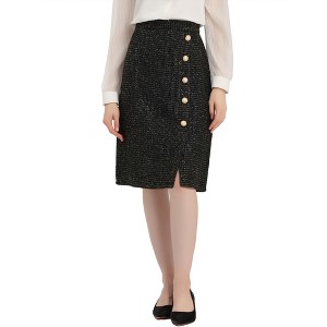 Allegra K Women's Plaid Tweed High Waist Button Decor Shiny Business Elegant Midi Skirt - 1 of 4