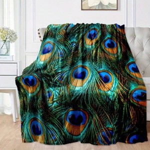 Lomsoe Peacock Feather Print Throw Blanket Soft, Lightweight, and Warm, Green Design, Christmas Gift. - 1 of 4
