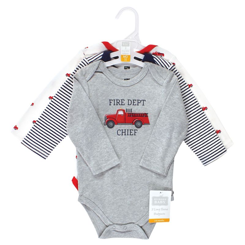 Hudson Baby Infant Boy Cotton Long-Sleeve Bodysuits, Fire Truck, 2 of 6