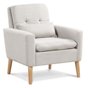 Tangkula Mid-century Modern Accent Chair Linen Fabric Reading Armchair w/ Lumbar Pillow Beige
