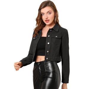 Allegra K Women's Solid Cropped Button-Down Plaid Cuffs Jean Jacket with Pockets - 1 of 4