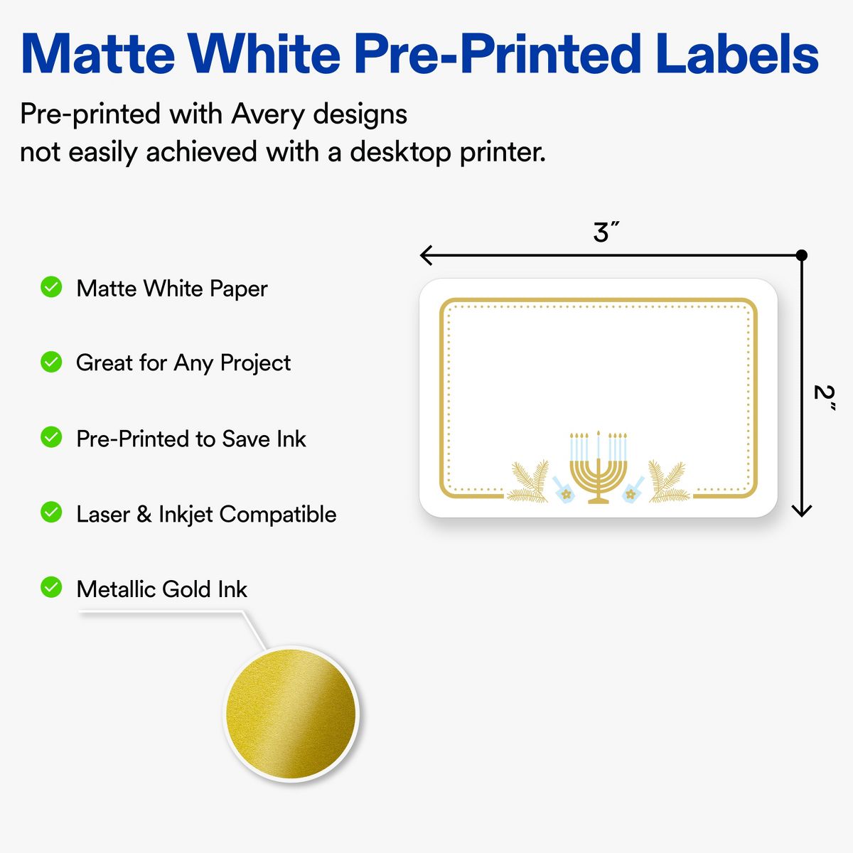 Avery® Labels, 2" x 3", Matte, Gold Menorah Frame, 80 - thumbnail 2