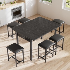 VECELO 7-Piece Dining Table Set with 6 Stools, 63" Expandable Kitchen Table with Metal Frame, Small Spaces, Black - 1 of 4