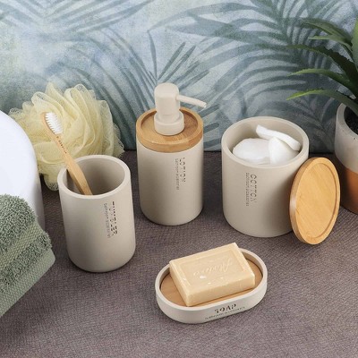 Beige Polyresin Cotton Pad Holder with Bamboo Lid