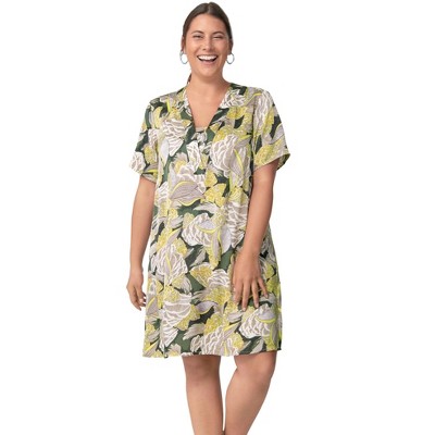 Ellos Women's Plus Size Linen Blend V-neck Shift Dress - 18/20, Olive ...