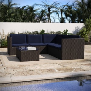 Flash Furniture Roan Indoor/Outdoor L-Shaped Sectional with Coffee Table in Wicker PE Rattan with Cushions - 1 of 4