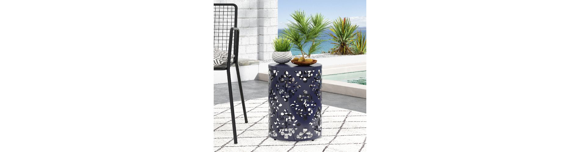 Lyngins Navy Iron Patio Side Table with Floral Cut Design, Cylindrical Outdoor End Table, Iron-cut Outdoor End Table for Patio
