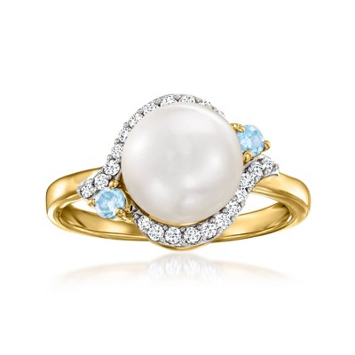 Ross-Simons 8.5-9mm Cultured Pearl, 2.30 ct. t.w. White Zircon and .10 ct. t.w. Swiss Blue Topaz Ring in 18kt Gold Over Sterling