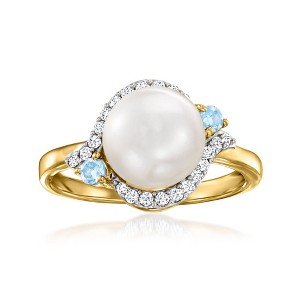 Ross-Simons 8.5-9mm Cultured Pearl, 2.30 ct. t.w. White Zircon and .10 ct. t.w. Swiss Blue Topaz Ring in 18kt Gold Over Sterling - 1 of 4