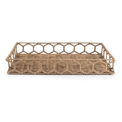 Natural Hand-Woven Rattan Rectangular Tray with Iron Frame