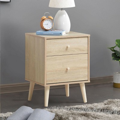 Oak Finish 2-Drawer Nightstand with Rubber Wood Legs