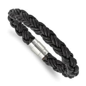 Black Bow Jewelry 11mm Stainless Steel & Black Leather Triple Braided Bracelet, 8.5 Inch - 1 of 4