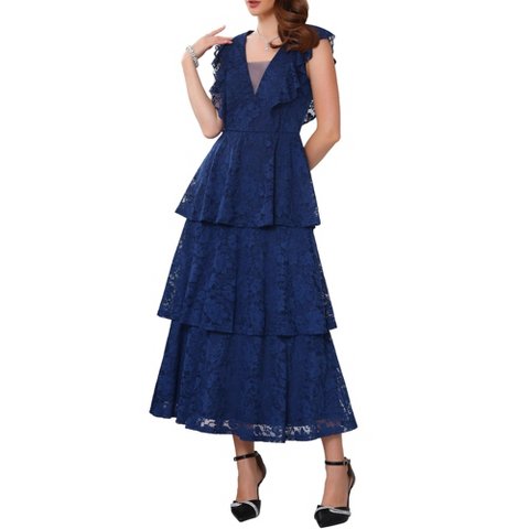 Женские платья INSPIRE CHIC Women's Lace Cocktail Evening Ruffle Cap Sleeves Tiered A-Line Maxi Dresses Medium Blue