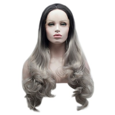Unique Bargains Women's Long Body Wave Lace Front Wigs with Wig Cap 24" Black Gradient Gray 1PC