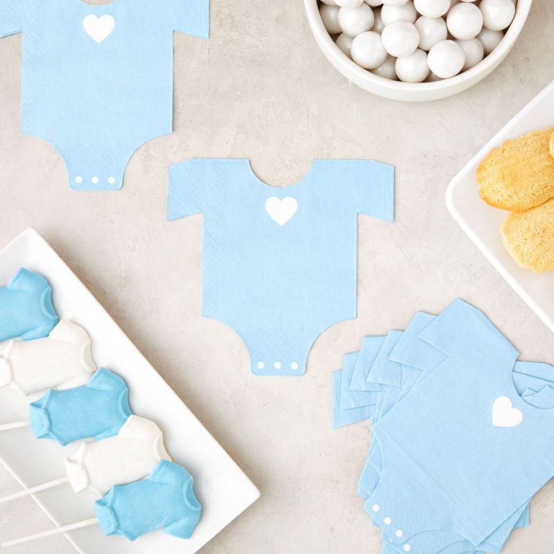 Blue Panda 50-Pack Die-Cut Light Blue Disposable Paper Napkins, Boys One Piece Outfit Design Baby Shower, 2 of 8