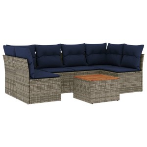 vidaXL 7 Piece Patio Sofa Set with Cushions Gray Poly Rattan - Table + 2x Corner + 4x Middle - 1 of 4