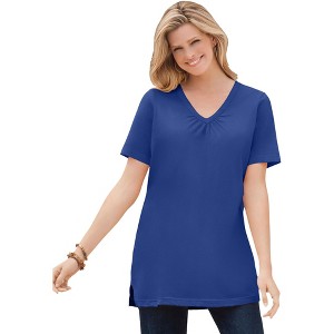 Woman Within Plus Size Perfect Short-Sleeve Shirred V-Neck Tunic - 1 of 4