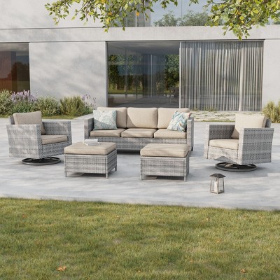 Sonkuki 5-Piece Patio Conversation Set with Swivel Rocking Chair, Navy Blue Cushion