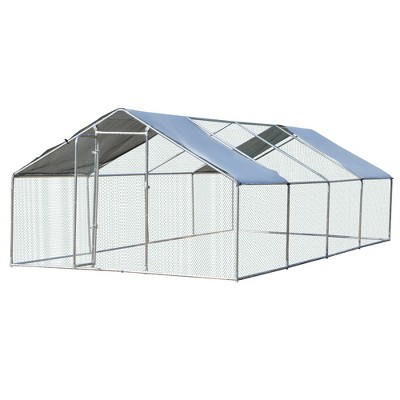 PawHut Galvanized Large Metal Chicken Coop Cage, Walk-in Enclosure, Poultry Hen House with UV & Water Resistant Cover