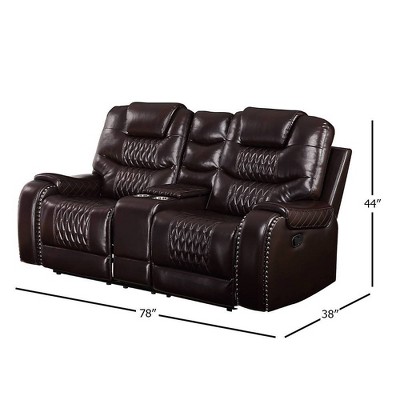 78" Brown Tufted Faux Leather Loveseat with Cup Holders