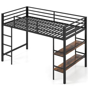 Costway Twin Size Low Loft Bed with Storage Shelves Ladder Full-length Guardrails, Black - 1 of 4